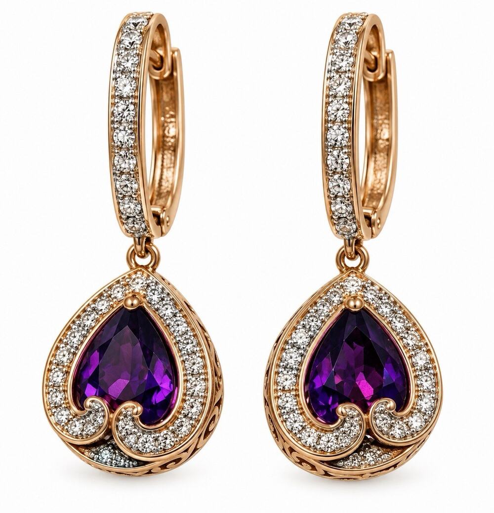 Rose Gold Plated Elegant 925 Sterling Silver Purple Amethyst & Beryl Earrings